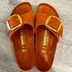 Birkenstock Orange Slide Sandals with Gold Buckle
